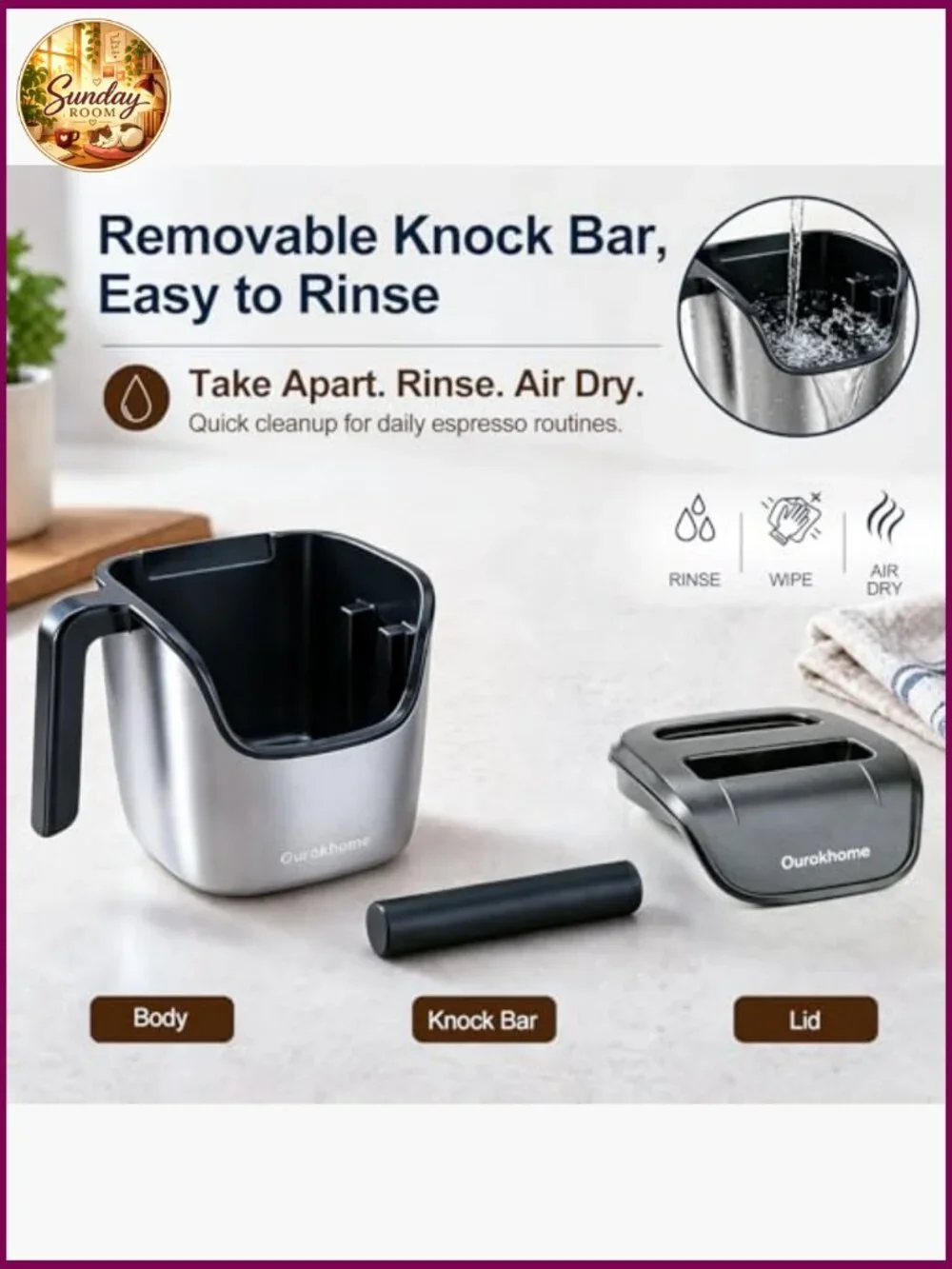 Espresso Knock Box with Lid, Removable Bar, Stainless Steel